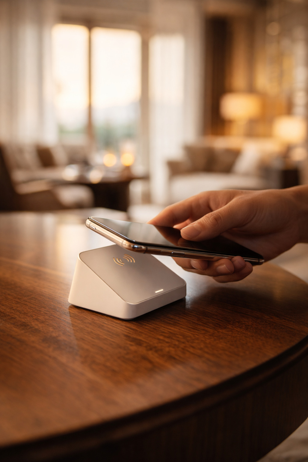 Guest tapping smartphone on KANRIA NFC device